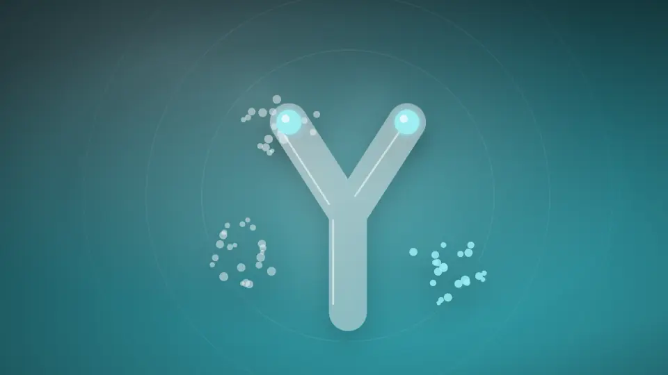 Abstract Y-shaped antibody among scattered points, on an aqua field