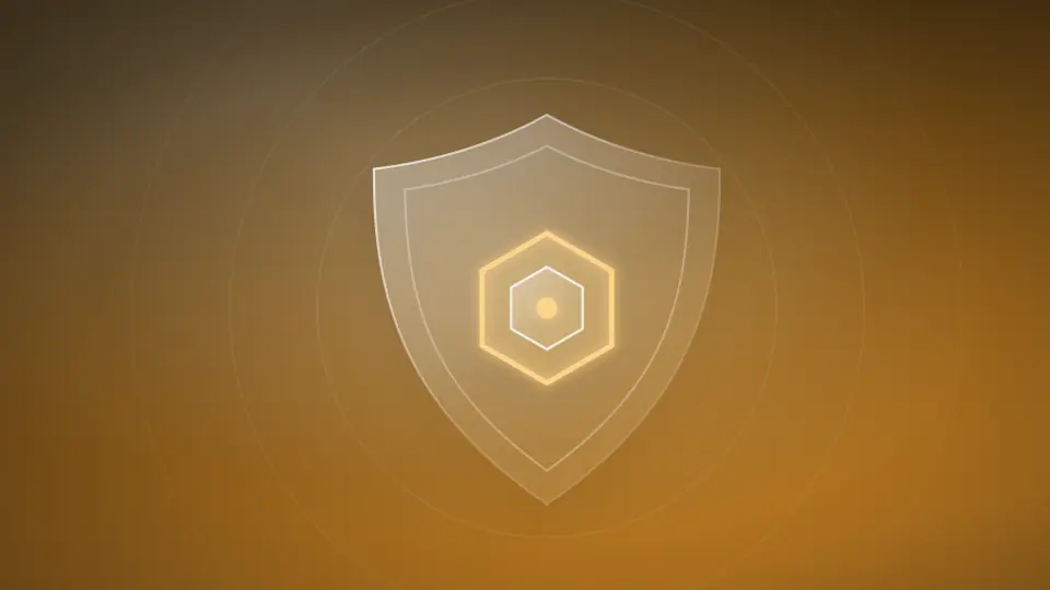 Abstract shield with a hexagon mark, on an amber field