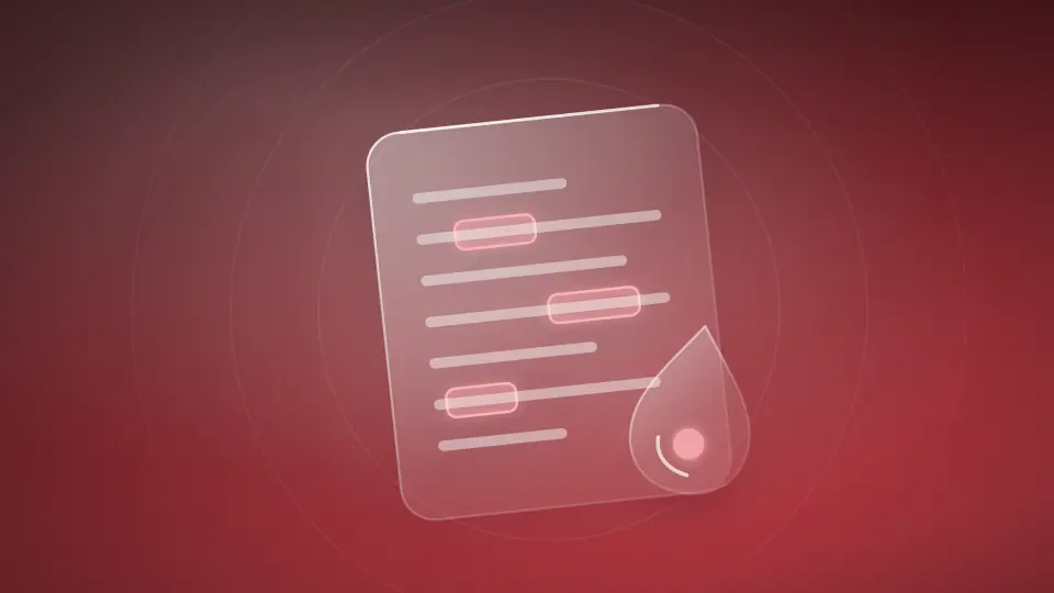 Abstract document with highlighted text spans and a droplet, on a red field