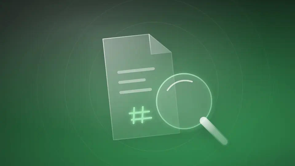 Abstract file with a hash mark under a magnifier, on a green field