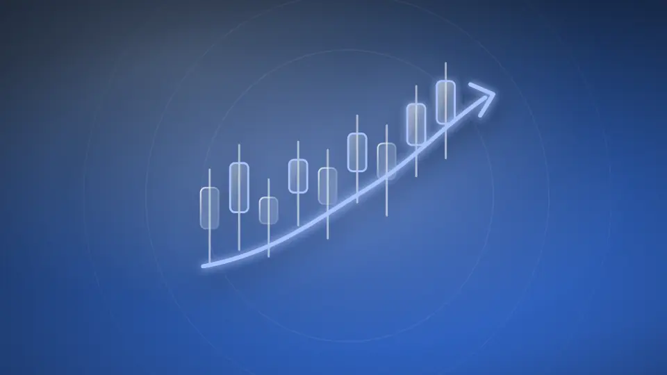 Abstract candlestick series with a rising arrow, on an indigo field