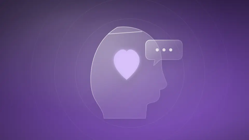 Abstract head profile with a heart and a speech bubble, on a lavender field