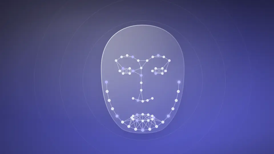 Abstract face outline with a landmark mesh, on a periwinkle field