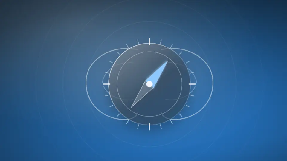 Abstract compass over two outlined brain lobes, on a blue field