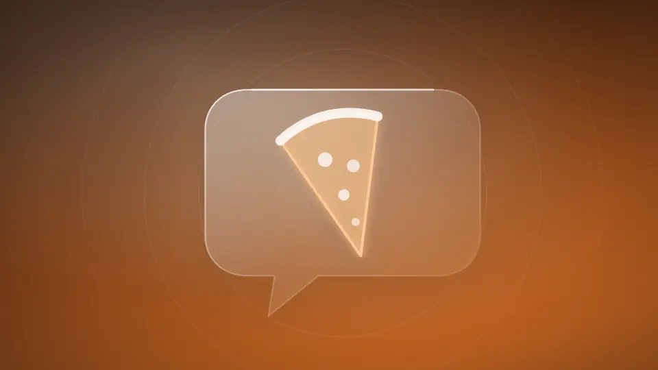 Abstract chat bubble holding a pizza slice, on an orange field